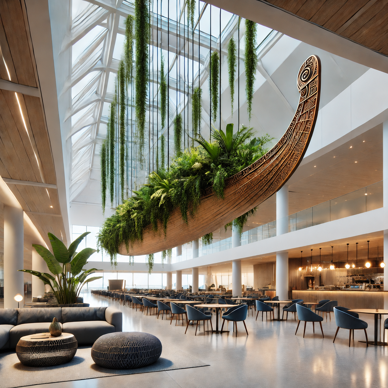 Contemporary atrium interior with a sculptural planted timber form, skylights, and warm dining spaces.